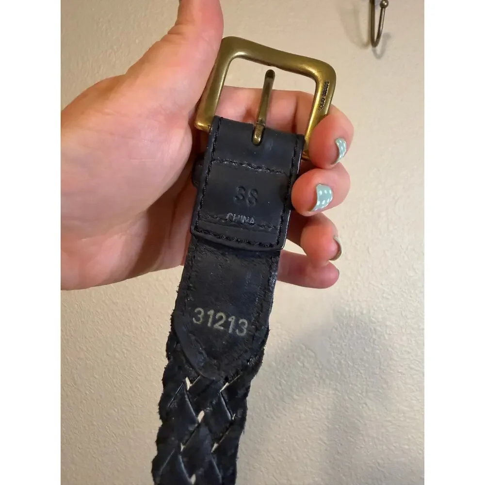 Boho Y2K Black Leather Braided Brass Buckle Belt